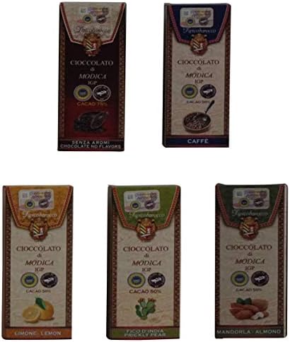 Tipicobarocco: Modica Chocolate Set of 5 Different Flavors (Coffee, Almond, Without Aromas cocoa 75%, Prickly Pear, Lemon) 3.5 oz 100gr Each