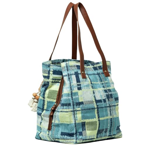 Image of maisha by Esha Stylish Cotton Jacquard Tote Bag for Women - Handcrafted Travel Handbag, Cabin & Overnight Bag | Spacious Multi-Purpose Bag with 3 Compartments