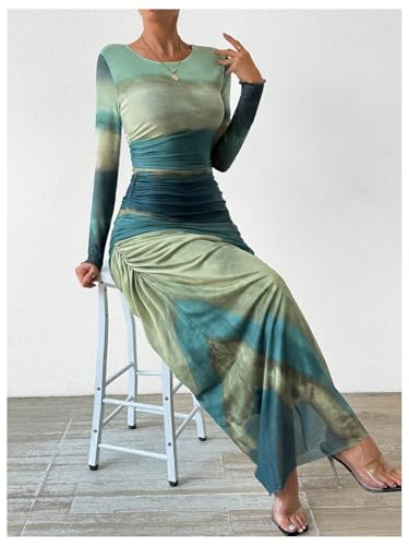 Image of Womens Long Sleeve Maxi Dress Mesh Bodycon Spring Fall Formal Wedding Guest | Tie Dye Ruched Night Out Cocktail Party Long Dresses