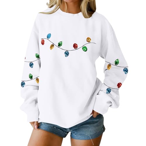 Sudaderas estampadas con decoración de Navidad para mujer, suéter de Navidad 2025 con cuello redondo, ajuste holgado, manga larga, para vacaciones, festividades, cómodas, sin botones, blanco, 3XL