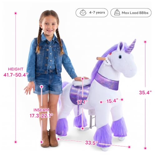 Image of PonyCycle Ride on Unicorn Toy (with Brake / 36 inch Height /Size 4 for Age 4-8) Toddler Purple Horse Ride on Toys for Kids Ride on Horse Plush Ux406
