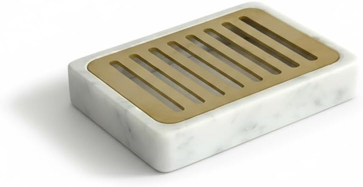 Carrara Marble Soap Dish with Brass Tray for Bathroom and Shower, Natural Stone, Modern Home Decor, White