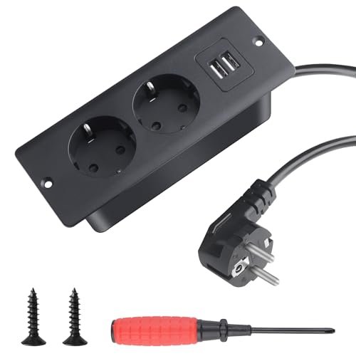 BouGPeng Enchufe de Mesa Empotrable con USB Toma de Empotrar de Sobremesa Toma de Corriente Integradade 2 Vías Toma Múltiple con Cable de 1,5m para Muebles o Superficies de Trabajo-Negro