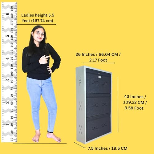 Image of I Double Decker Metal Shoe Rack I Single Lock I Wall Mounted I 3 Shelve (GreyColour) I Coad LC 2DDL-03 GR I Height 43 Inches, Width 26 Inches, Depth 7.5 InchesI 3 Years Warranty.