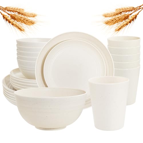 Rubtlamp 24 Pcs Wheat Straw Dinnerware Sets, Unbreakable Reusable Plastic Wheat Straw Bowls & Plates Dinner Set, Microwave And Dishwasher Safe Plates, 12Plates, 6Bowls, 6Cups for Party(Beige) by Rubtlamp - Used condition - US$26.23