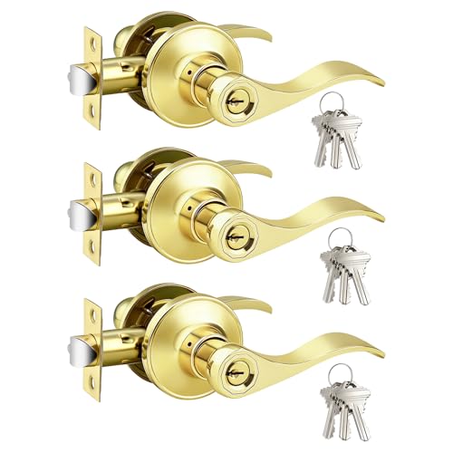 Image of Gobrico Polished Brass Keyed Entrance Door Lever Handle Entry Door Lockset Hardware with Key,Drop Lever Style Door Lock for Front Door Exterior Door 3 Pack