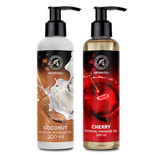Huile de Massage Sensuelle Set Coco & Cerise 2x200ml - Comestible - Naturelle - Relaxante