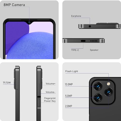 KXD A07 Unlock Cell Phone, Android 12 Unlocked Phone, 4500mAh 10W Fast Smartphones, 13MP+8MP, 6.52Inch HD+, 8GB + 128GB/SD 256GB Mobile Phone, Fingerprint/Face ID, 4G Dual SIM Phone - Black - Image 6