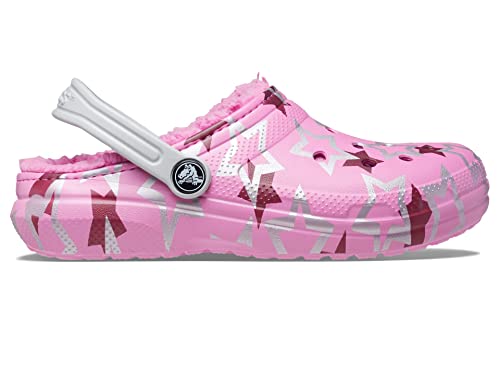 Image of Crocs Unisex-Child Classic Graphic Lined Clogs | Fuzzy Slippers, Taffy Pink /Multi, 6, Big Kid