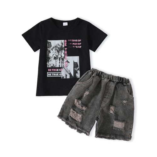 Image of Kids Toddler Girls Summer Clothes Leopard Butterfly Print T-Shirt + Belted Denim Jeans Shorts 3PCS Outfits