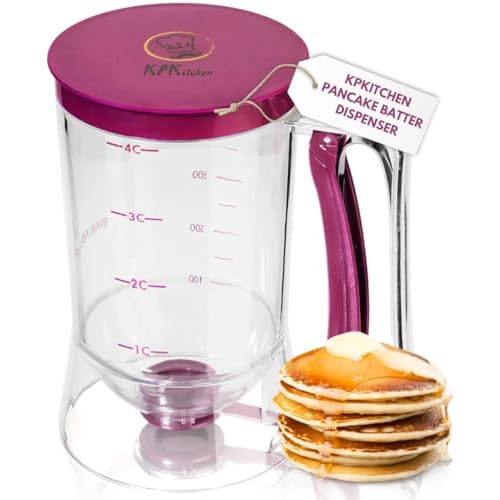 KPKitchen Pancake Batter Dispenser - Kitchen Must Have Tool for Perfect Pancakes, Cupcake, Waffle, Muffin Mix, Cake & Crepe - Easy Pour Baking Supplies for Griddle - Pancake Maker with Measuring Label