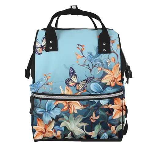 Sac à dos à langer bleu papillon floral pour maman active avec grande capacité