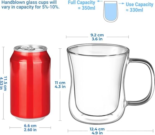 ecooe 2x350ml Double Walled Coffee Glasses Mugs Cappuccino Latte Macchiato Glasses Cups with Handle Borosilicate Heat Resistant Glass Cups for Coffee Tea Milk Juice Ice Cream