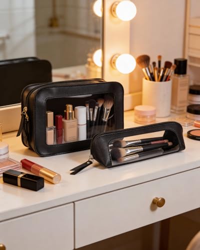 Image of LETGO 2Pack Clear Makeup Bags Set, Travel Toiletry Bag Zipper Storage Organizer Pouch, Versatile Storage Stationery, Travel Storage Bag, Pencil Case Car Accessory Bag(Black)