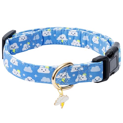 Jelwuion Cotton Dog Collar,Adjustable Cute Puppy Collar with Moon Patterned Design for Small Medium Large Dogs,Soft and Fancy Pet Collar with Safety Buckle for Girl Boy Dogs (Blue Cloud, Medium)