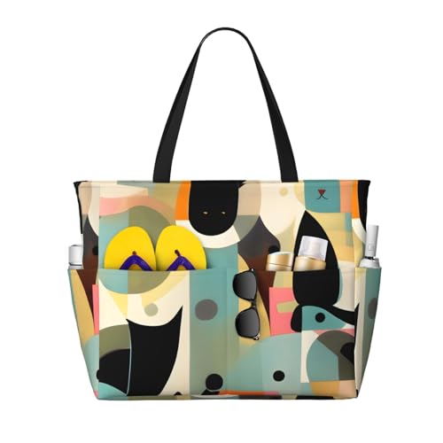QWVBNMid-Century Modern Art Cat Beach travel bag, lightweight and reusable, suitable for family trips, gym and outdoor adventures.