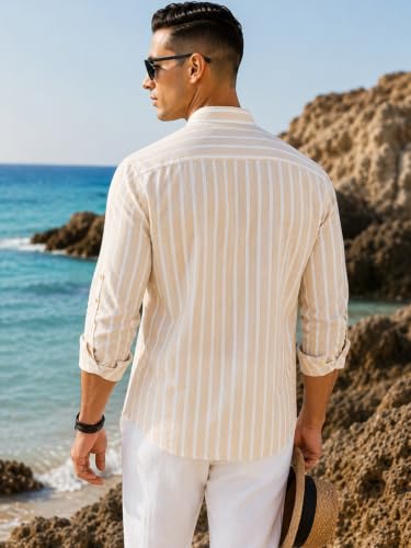 Image of Majestic Man Men's Pure Cotton Striped Mandarin Collar Regular Fit Roll-Up Sleeves Short Kurta
