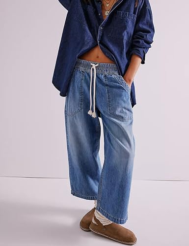 Zontroldy Women's Drawstring Mid Waisted Wide Leg Jeans Loose Fit Straight Leg Denim Pants with Pockets(1476-Navy-M)3
