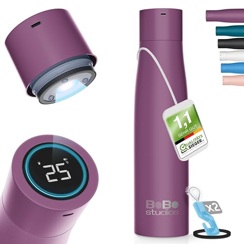 BoBo Studios® 500 ml Smart Bottle Insulated Bottle Stainless Steel UVC Sterilisation Against Bacteria Viruses, 24 Hours Cold, 12 Hours Hot, Drinking Reminder, Display, Self-Cleaning, Accessories