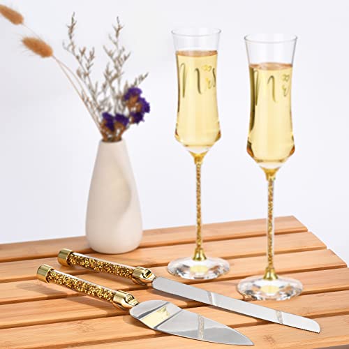 Wedding Cake Knife And Server Set, Gold Cake Cutter And Pie Server Slicer 304 Stainless Steel, Gold Rhinestones Handle Cake Cutting Set For Wedding Gifts, Engagement Gifts For Bride And Groom #TOP2