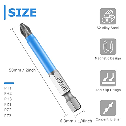 Elvielsl Screwdriver Bits Set, 12 Pcs S2 Alloy Steel Magnetic Anti Slip Screwdriver Bit Ph1 Ph2 Ph3 Pz1 Pz2 Pz3 Impact Driver Bit Set 1/4 Inch Hex Shank Cross Drill Bit For Power Tool (50Mm) #TOP5