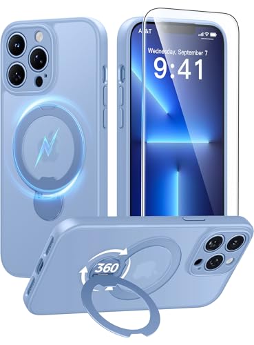 Image of FNTCASE for iPhone 13 Pro-Max Case: [360 Spin Magnetic Stand] [Compatible with Magsafe] [Screen Protector] Translucent Matte Military Grade Shockproof Full Camera Protective Phone Cover - Light Blue