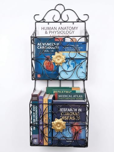 Image of Wall Mounted Hanging File & Magazine Holder - Metal Organizer for Newspapers, Documents & Office Storage | Decorative Rack for Home & Workspace 67x26x10 cm. (Double Magazine Rack BlackG)