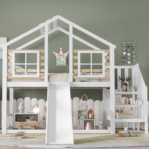 Sapgaks Lit cabane Enfants 90x200,lit superposé Enfant en Bois avec escalier,lit Mezzanine 90x200 avec Toboggan et fenêtre,en rondins avec Protection...
