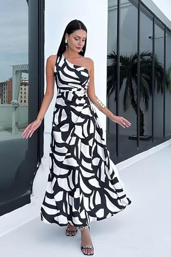 Image of One Shoulder Dress for Women 2026 Summer Print Sleeveless Cut Out Ruched Party Bodycon Maxi Dresses