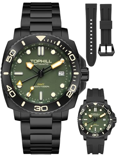 TOPHILL Automatic Watches for Men, Diving Watch 300M Waterproof, GMT Watch, Super Luminous, Screw-Down Crown & HEV, Ceramic Bezel, 316L Stainless Steel & Sapphire Crystal, Black Luxury Watch for Business Scuba Diving, Gift for Men