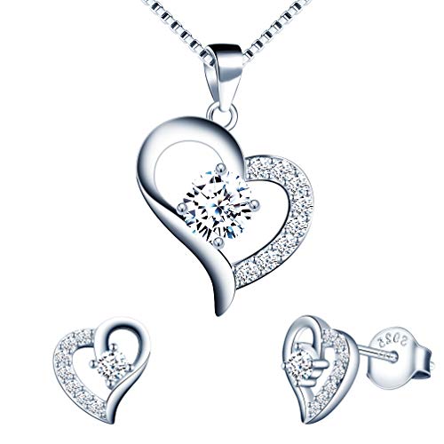 Yumilok Silver Jewellery Set for Women, 925 Sterling Silver Heart Stud Earrings & 45cm Necklace Pendant Set, with White AAA Cubic Zirconia, Allergy Free Jewellery for Mother Wife Girlfriend