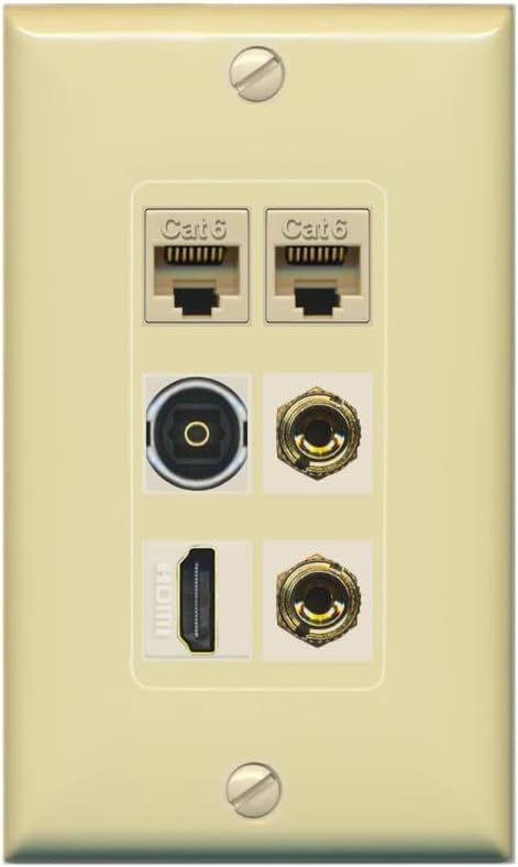 RiteAV 1 Speaker 2 Banana Binding Post Wall Plate 2 Cat6 1 x Toslink Optical and HDMI - 1 Gang Decorative [Stainless/White]