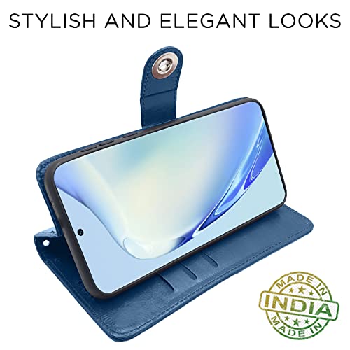 Image of Pikkme Vivo V27 / V27 Pro 5G Flip Cover Leather Finish | Inside TPU with Card Pockets | Wallet Stand and Shock Proof | Complete Protection Button Flip Case (Blue)