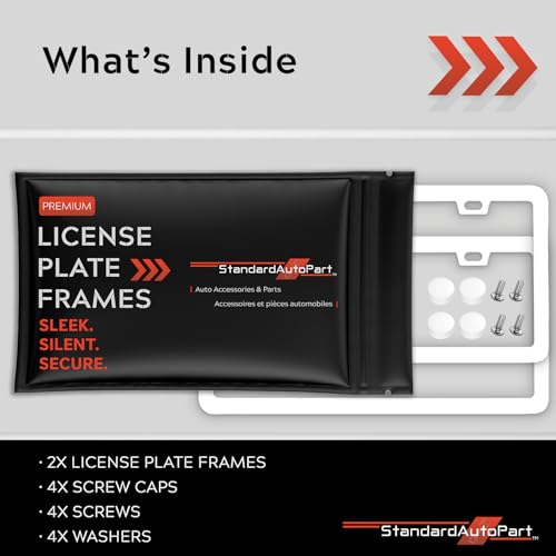 Image of Premium Slim Gloss White License Plate Frames - 2 Pack, Rust-Free Stainless Steel & Rattle-Free, Street Legal, Universal with Screw Caps, Thin Metal Front & Rear Car Tag Holders Unisex