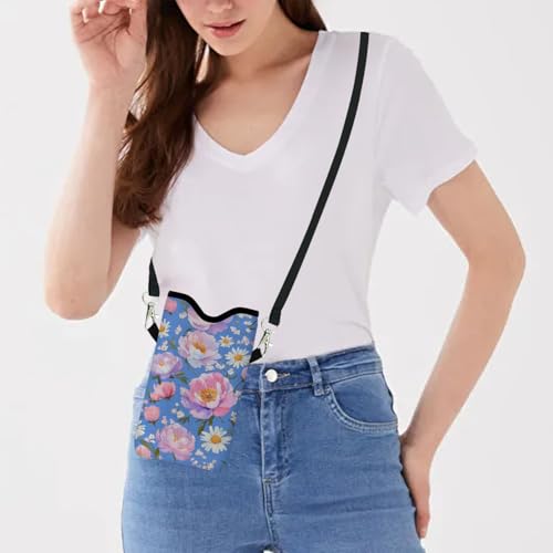 Image of Neoprene Cell Phone Sleeve Pouch Case Bag with Crossbody Strap Neck Lanyard for Women 7.1 X 3.9 in Blue Flower