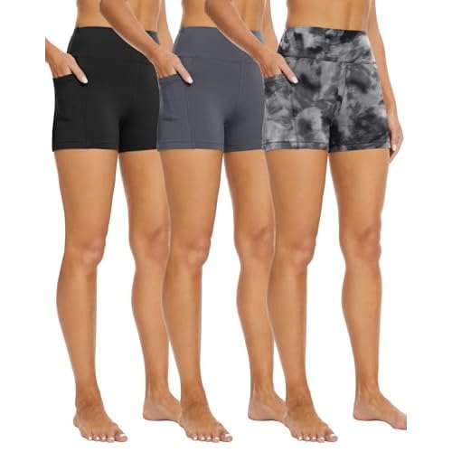 3 Pack Biker Shorts with Pockets for Women – 8"/5" High Waisted Tummy Control Workout Spandex Shorts for Gym Yoga 5 IN Large-X-Large Black/Drak Grey/Black Print