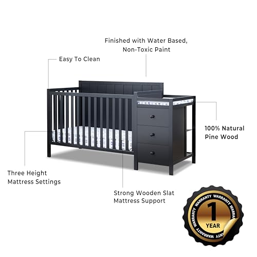 Image of Sorelle Essex Crib & Changer - 4-in-1 Convertible Crib, Non-Toxic Finish, Wooden Baby Bed, Toddler Bed, Child's Daybed, and Full-Size Bed, Nursery Furniture - Midnight