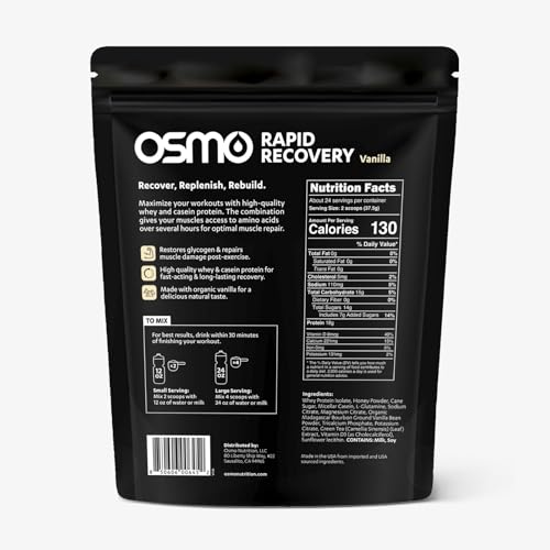 Image of Osmo Rapid Recovery - Whey & Micellar Casein Protein Powder Blend with Carbohydrates & Caffeine, All Natural Ingredients, Enables Muscle Repair & Boosts Glycogen Restoration - Vanilla, 22 Servings