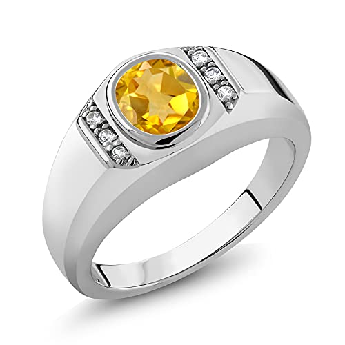 Gem Stone King Men's 925 Sterling Silver Oval Yellow Citrine and White Created Sapphire Ring (1.16 Cttw) (Size 11)