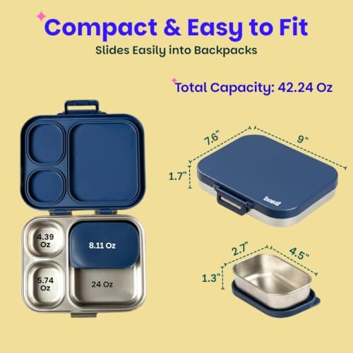 Image of Basil Bento Box Quad Plus - 3+1 Compartment Stainless Steel Lunch Box (1020ml) with BPA-Free Lid | Leak-Proof Tiffin for Kids & Adults | Premium Lunch Box for School, Office & Picnic - Indigo Zen