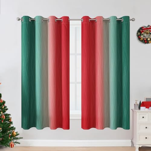 Estelar Textiler Red and Green Blackout Curtains for Christmas Room, Full Room Darkening Grommet Ombre Curtains for Bedroom, Thermal Insulated Light Blocking Gradient Drapes, 52Wx63L, 2 Panels