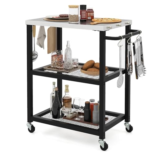 GOPLUS Desserte Plancha Barbecue en Métal avec Comptoir en Acier Inoxydable, 2 Étagères, 9 Crochets, Chariot de Jardin avec roulettes & Poignée, pour...
