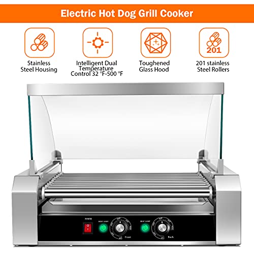 Giantex Hot Dog Roller Machine, 11 Non-Stick Rollers 30 Hot Dog Sausage Grill Cooker Machine With Removable Stainless Steel Drip Tray And Glass Hood Cover, Commercial Household Hot Dog Rotisserie #TOP4