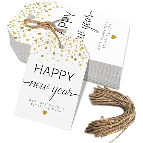 50Pcs Happy New Year Gift Tags with String, Gold Confetti NYE Favor Tags for 2025 New Year's Eve Party Wrapping Decoration Cover