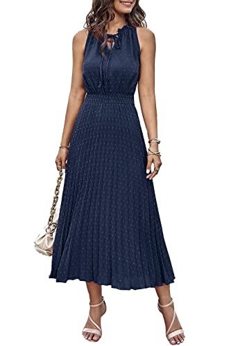 PRETTYGARDEN Damen Midi Sommerkleider Casual V Ausschnitt Swiss Dot Rüschen Ärmellos A Linie Strand Sonnenkleid, Navy, Groß Cover