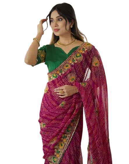 Image of Women's Georgette Bandhani Printed Embroidery Saree with Unstitched Blouse Piece