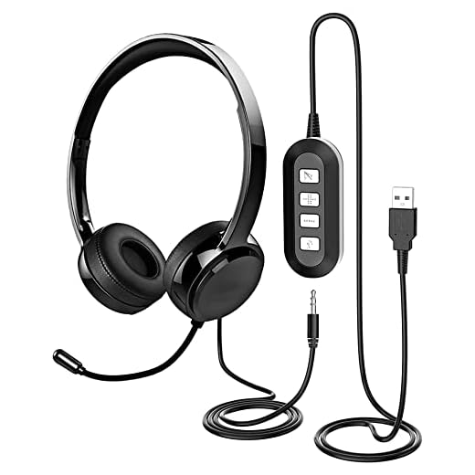 USB Headset with Microphone for PC Laptop, 3.5mm Headphone with Microphone Noise Canceling&Volume Control, Computer Headset with Mute&Sidetone for VoIP Skype MS Teams Online Conference Class