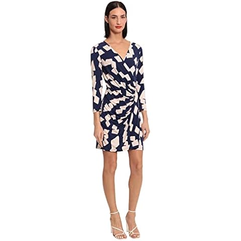 Donna Morgan Women's Long Sleeve Faux Wrap Dress, Navy/Peach Buff, 18 Cover