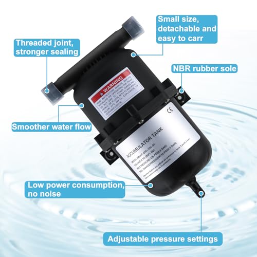 Image of Pre-Pressurized Accumulator Tank, RV Water Pump 0.75L Max 125PSI, 1 /2 MNPT Port Fitting, Flow Control Inner Bladder Reduced Pump Cycling Suitable for RV Travel Trailer Boat Caravan(filter&PTFE tape)