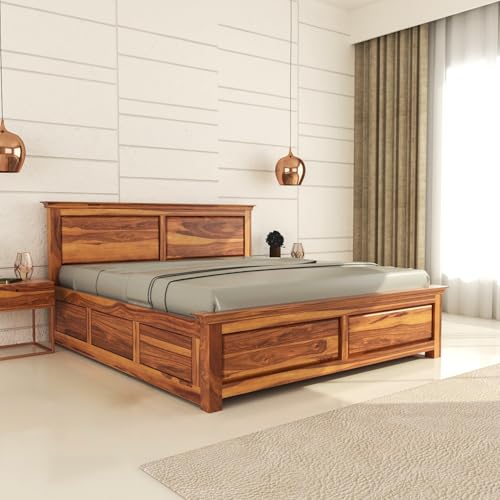 Image of Sheesham Wood King Size Bed with Storage Box | Wooden Box Bed King Size Double Cot Bed with Storage for Bedroom | Premium 2 Dalla Design Headboard Bed for Hotel, Home | Honey Finish